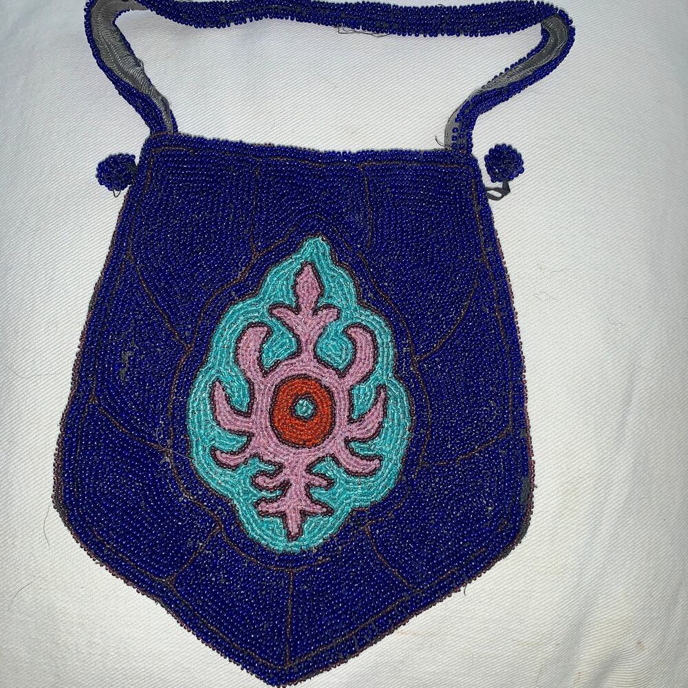 INCREDIBLE VINTAGE 1920s/30s INTARSIA BEADED BAG TURQUOISE/ROYAL BLUE